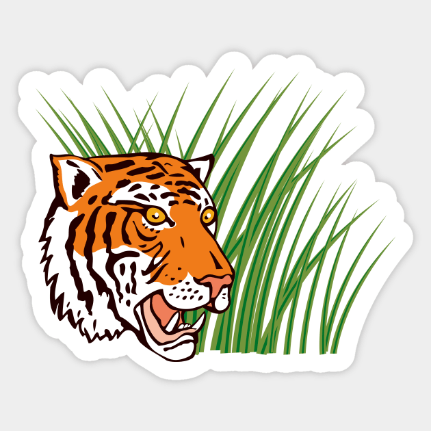 Tiger Hiding in Grass Retro Sticker by retrovectors